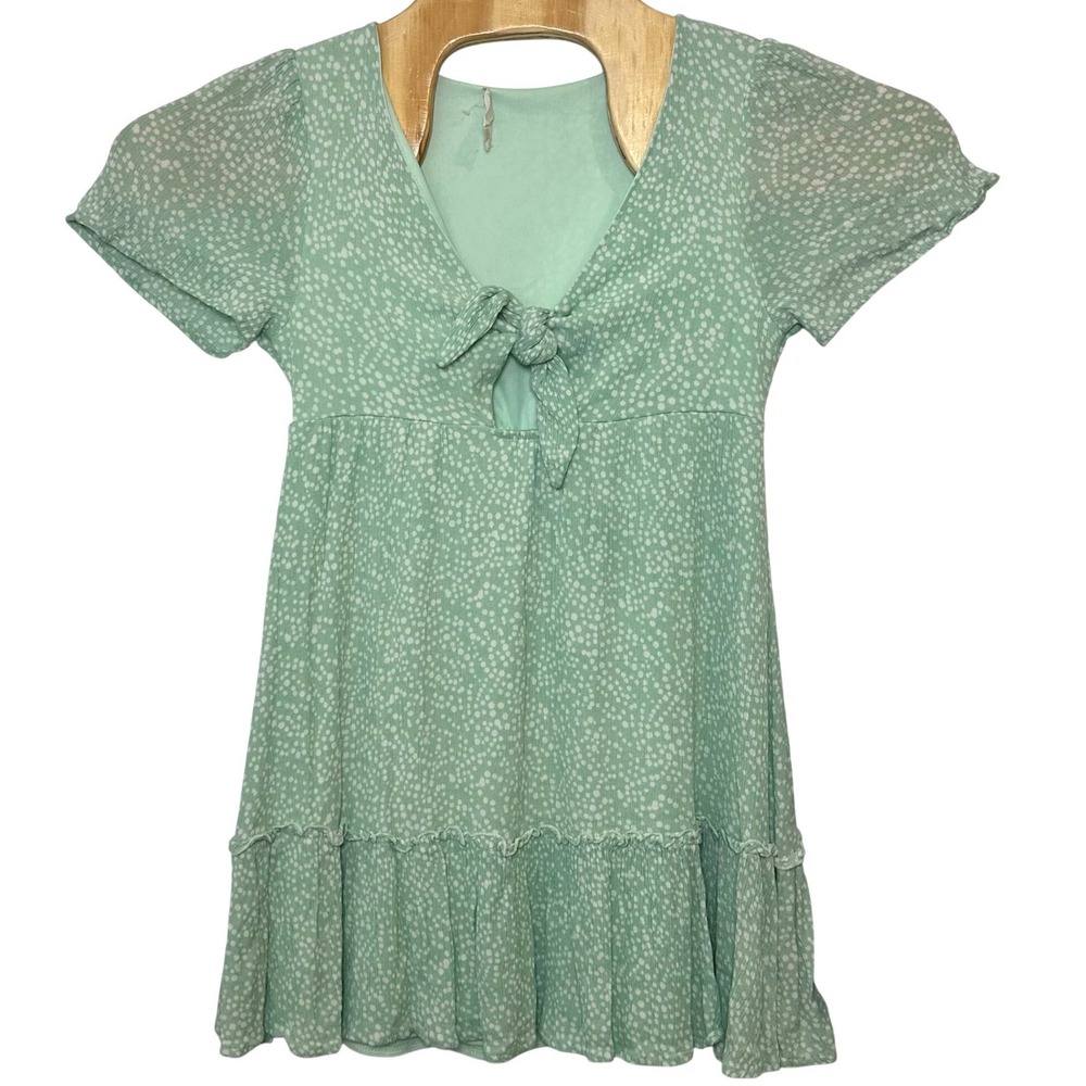 Altard State Mint Green Polka Dot Tie Front Tiered Mini Dress Womens Size Small